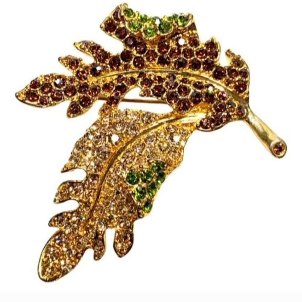 KJL Kenneth Jay Lane Vintage Jeweled Leaf Brooch Gold Tone Rhinestone Statement
